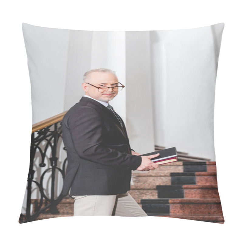 Personality  Handsome Mature Teacher In Glasses Holding Books And Looking At Camera  Pillow Covers