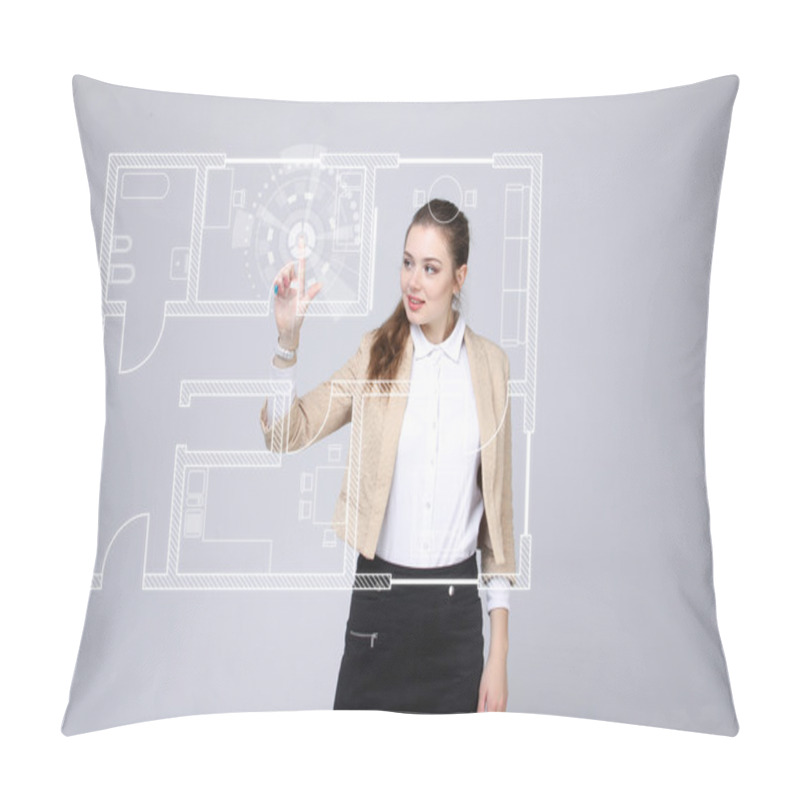 Personality  Female Architect Working With A Virtual Apartment Plan Pillow Covers