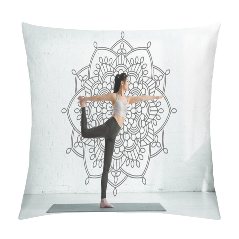 Personality  Asian Woman Practicing Yoga On Yoga Mat Near Mandala Ornament  Pillow Covers