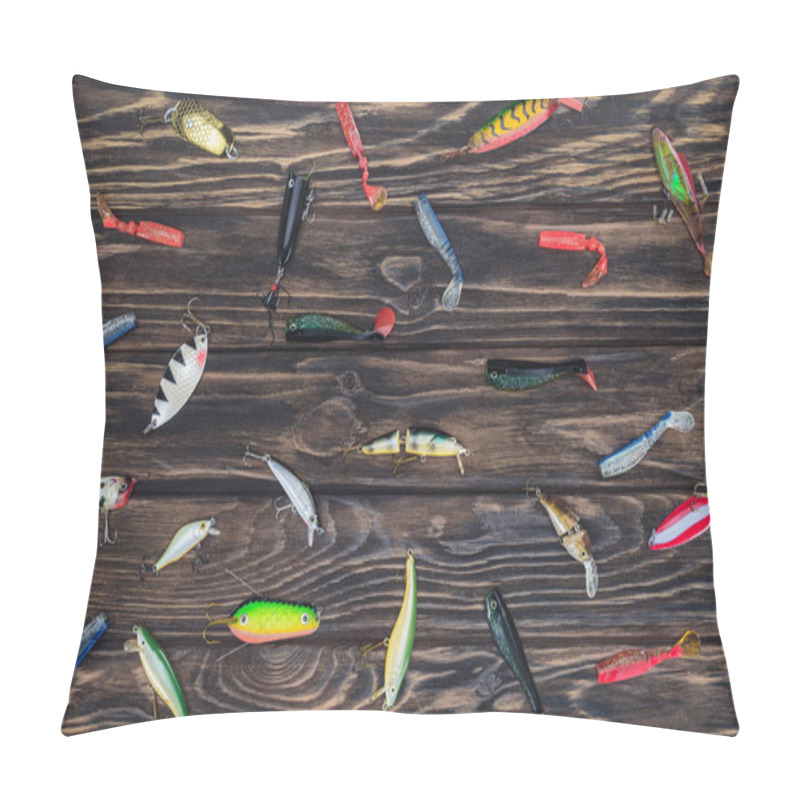 Personality  Elevated View Of Arranged Various Fishing Bait On Wooden Background  Pillow Covers