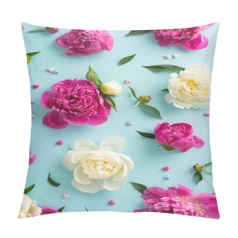 Personality  Bunches Of Peonies Concept. Above Vertical View Photo Of Magenta And White Peony Flowers, Buds And Petals With Confetti Hearts Around On Isolated Light Blue Background With Copy-space Pillow Covers