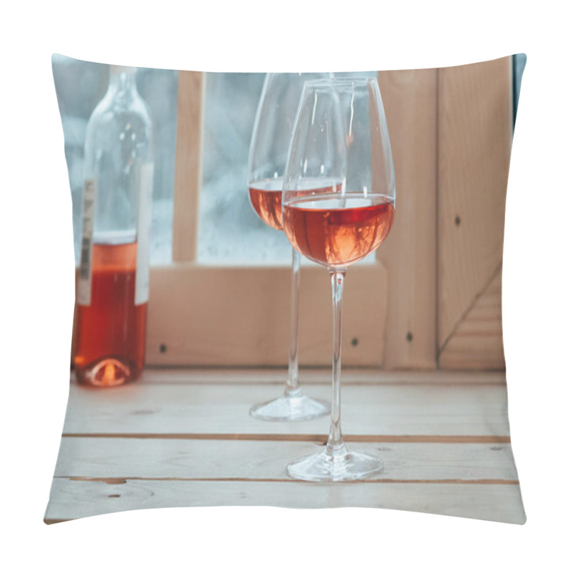 Personality  A Bottle Of Rose Wine And Two Glasses On A Window Sill Pillow Covers