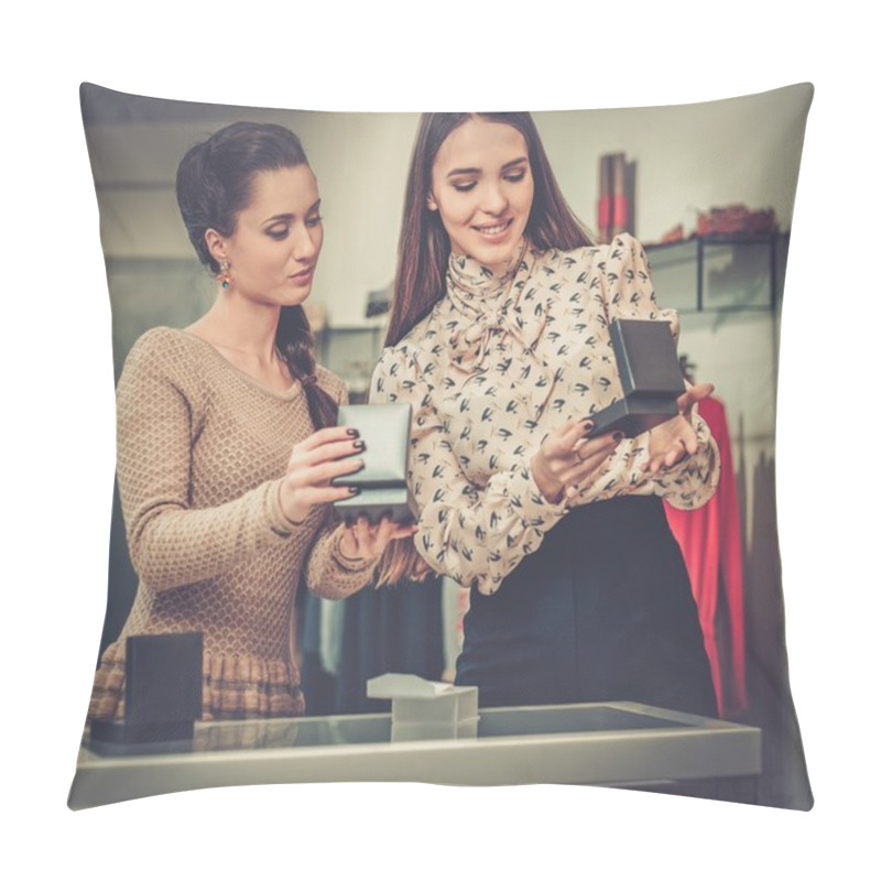 Personality  Young Woman Choosing Jewellery With Shop Assistant  Help Pillow Covers