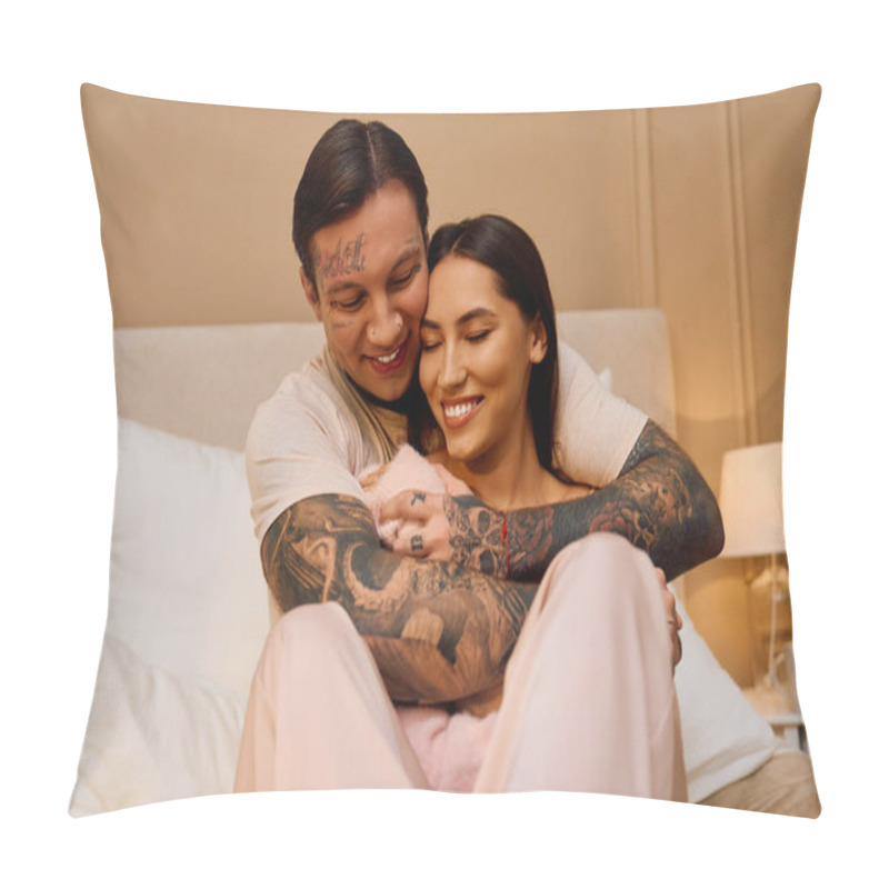 Personality  A Man And Woman Embrace Tightly, Sharing Smiles And Warmth In A Tranquil Room, Creating Memories. Pillow Covers