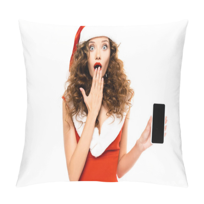 Personality  Surprised Girl In Santa Costume Showing Smartphone With Blank Screen, Isolated On White Pillow Covers