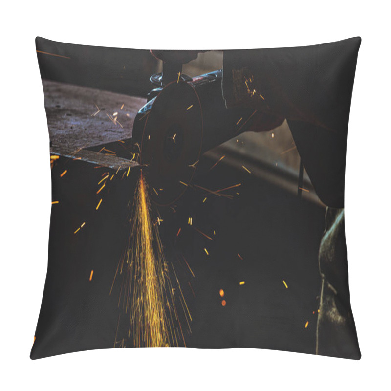 Personality  Cropped Image Of Manufacture Worker Using Circular Saw With Sparkles At Factory Pillow Covers