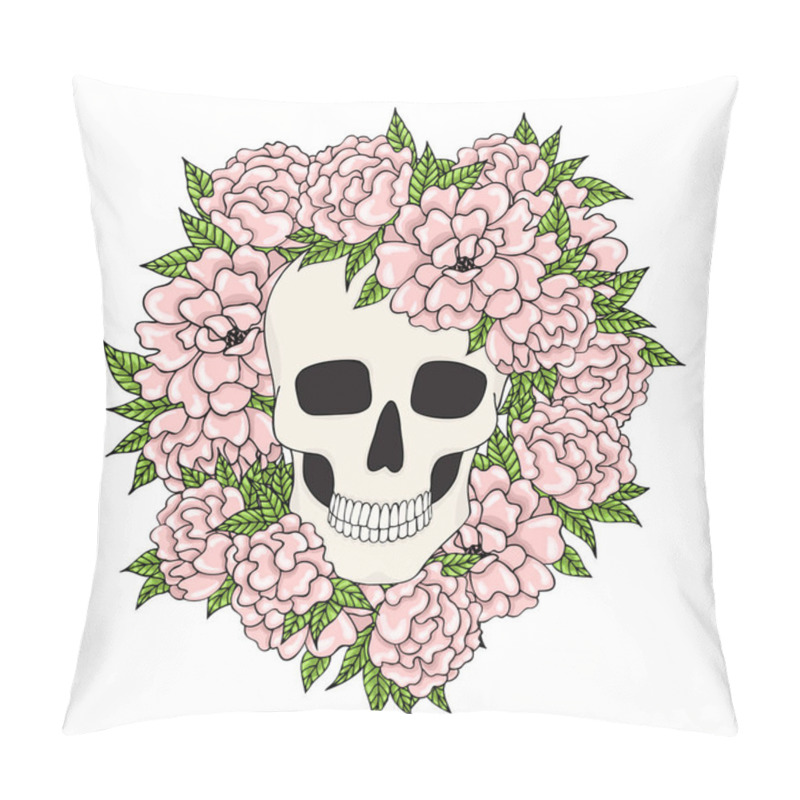 Personality  Skull With Pink Flowers On A White Background. Pillow Covers