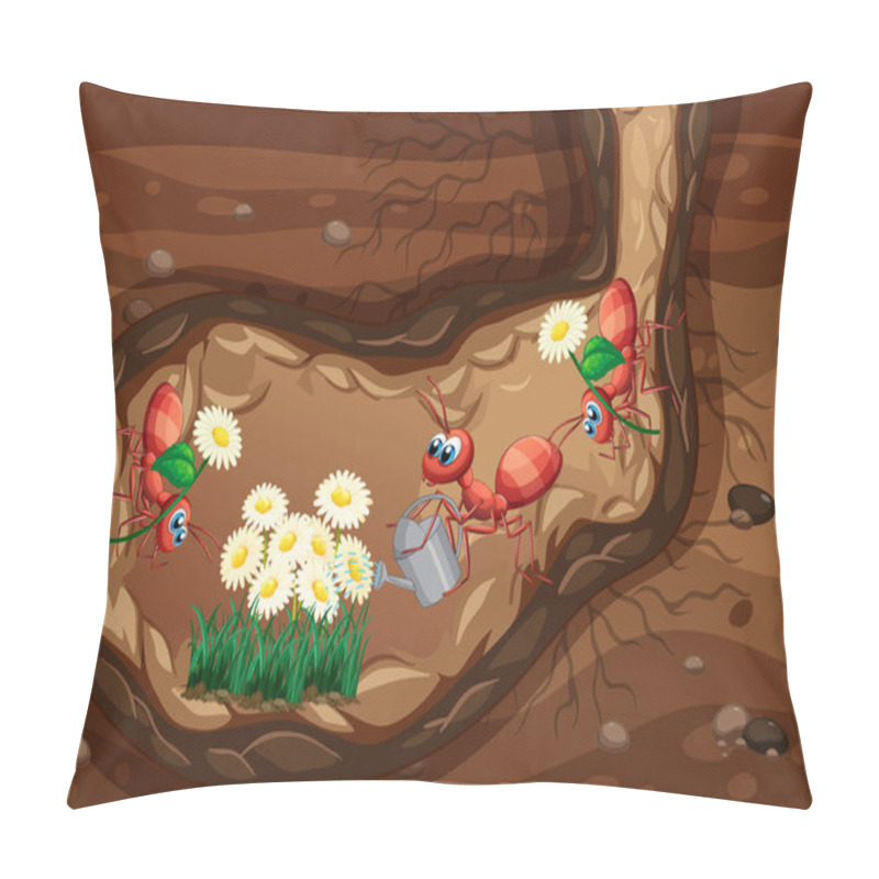 Personality  Underground Scene With Ants Planting Flowers Illustration Pillow Covers