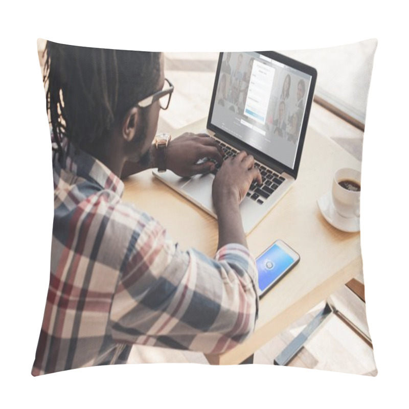 Personality  African American Man Using Laptop With Linkedin Website And Smartphone With Shazam Appliance Pillow Covers