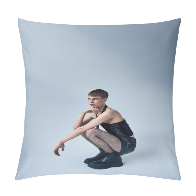 Personality  Queer Model In Black Corset And Fishnet Tights Sitting On Grey Backdrop, Androgynous Person, Fashion Pillow Covers