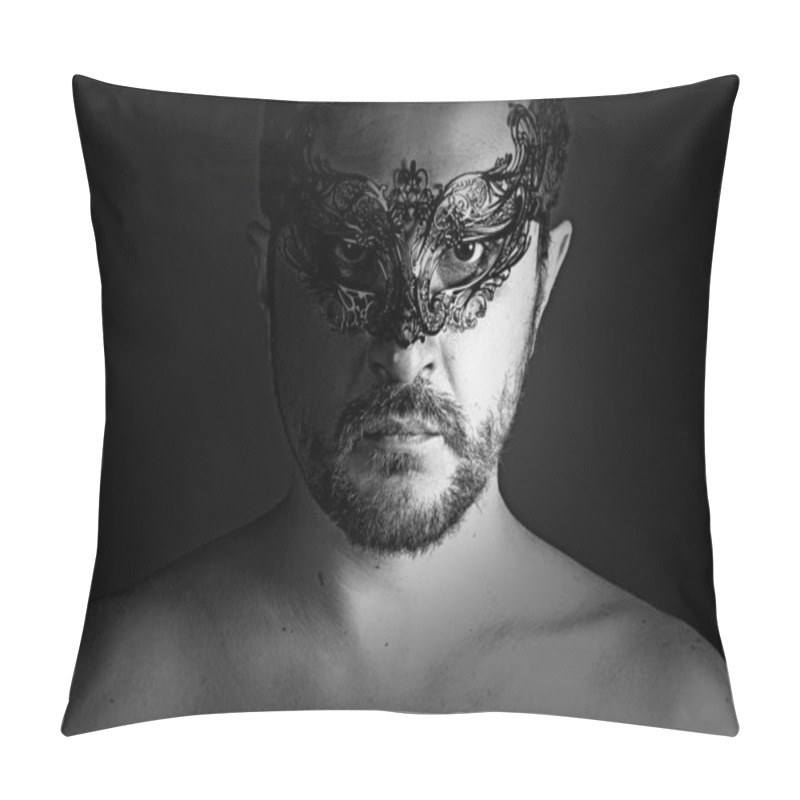 Personality  Portrait Of Young Man Shirtless With Mask Against Dark Backgroun Pillow Covers