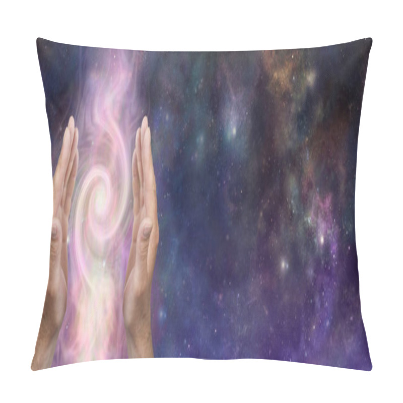 Personality  Cosmic Energy Healer Channeling Vortex Message Banner - Male Parallel Hands With A Double Fibonacci Spiral Between Against Dark Blue Night Sky Deep Space Background With Space For Text Pillow Covers