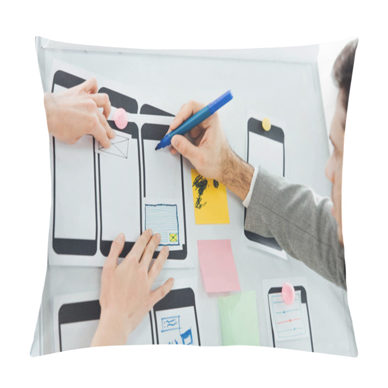 Personality  Selective Focus Of Developers With Marker Working With Wireframe Sketches For Mobile Website On Whiteboard In Office  Pillow Covers