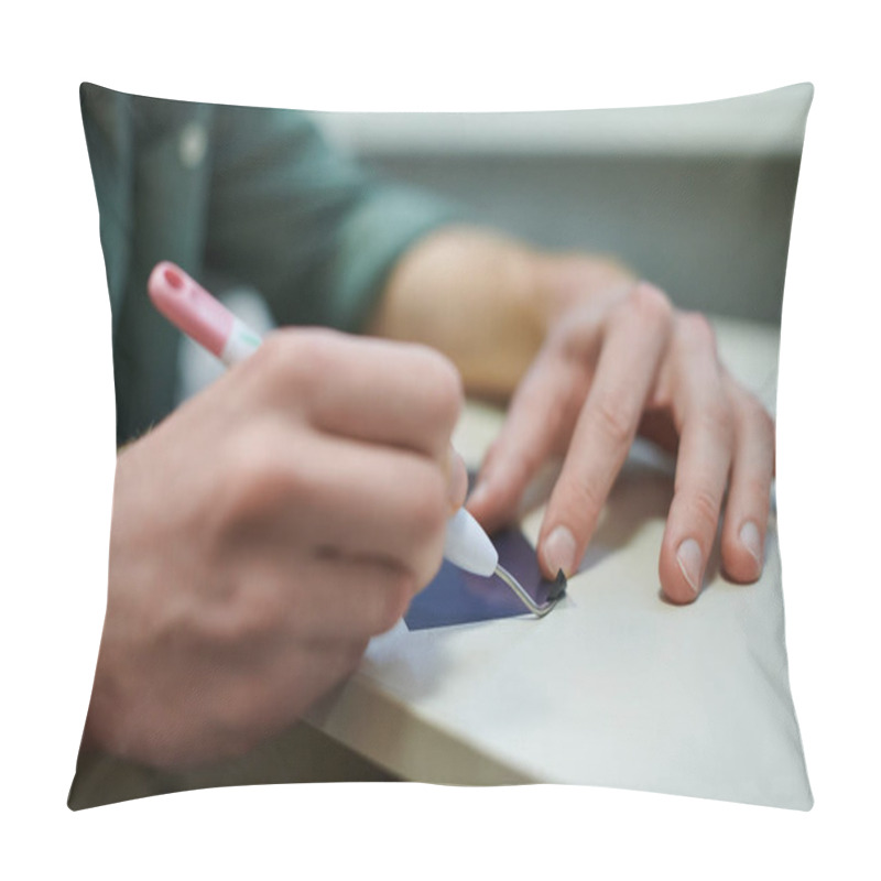 Personality  Cropped View Of Young Blurred Craftsman Working With Printing Layer For Press In Print Studio, Small Business Owner Working On Project, Close Up, Creative Process, Workflow  Pillow Covers