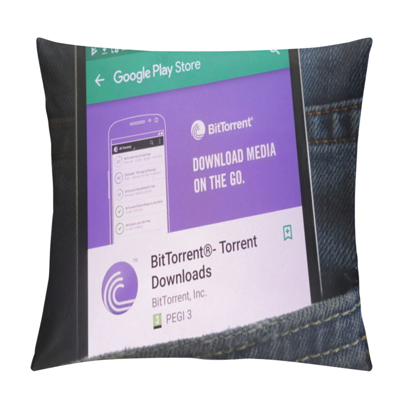 Personality  KONSKIE, POLAND - JUNE 02, 2018: BitTorrent App On Google Play Store Website Displayed On Smartphone Hidden In Jeans Pocket Pillow Covers