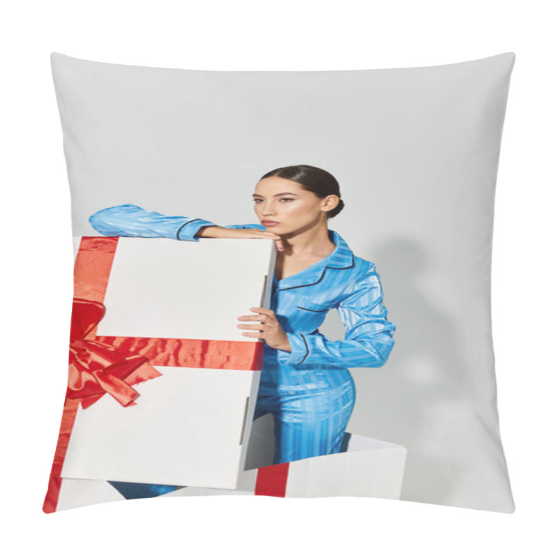 Personality  A Young Beautiful Woman Elegantly Interacts With Oversized Gift Boxes, Showcasing Her Fashion Flair. Pillow Covers