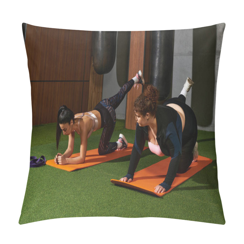 Personality  Two Women Engage In Effective Workout Routines On Exercise Mats In A Modern Gym Setting. Pillow Covers