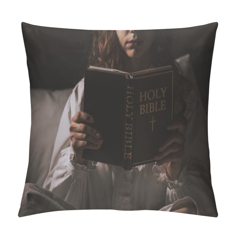 Personality  Cropped View Of Creepy Girl In Nightgown Reading Bible On Bed Pillow Covers