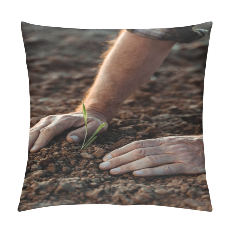 Personality  Selective Focus Of Self-employed Farmer Near Small Plant With Green Leaves In Ground  Pillow Covers