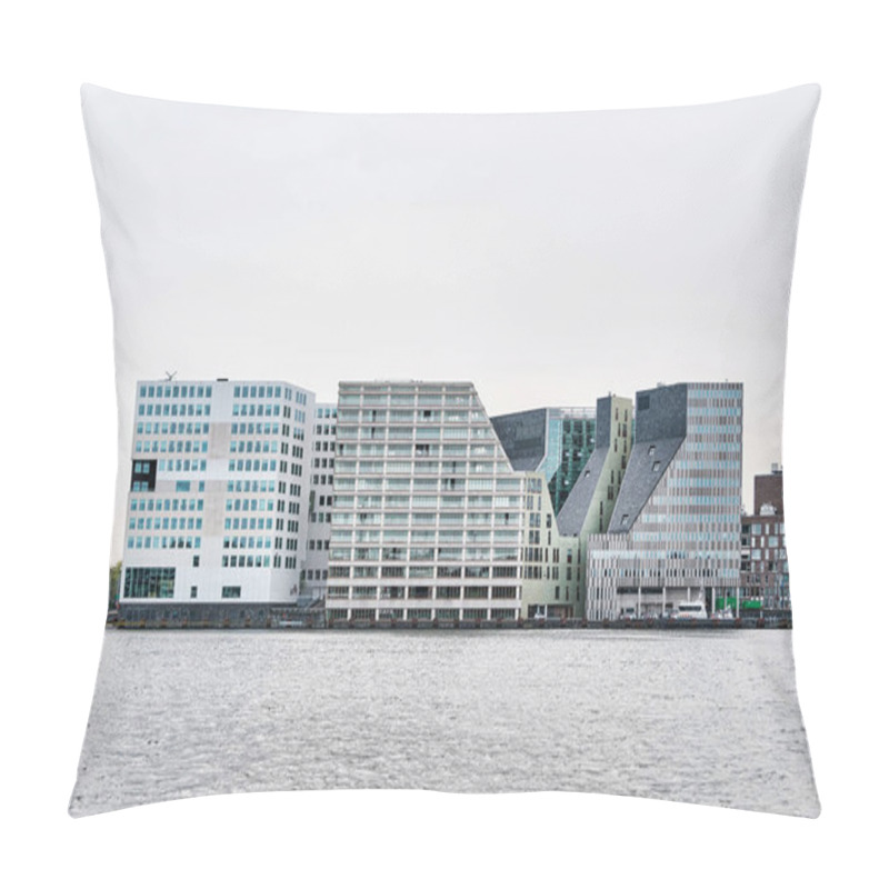 Personality  Netherlands, Amsterdam - April 10, 2024: Contemporary Office Buildings On Het Ijdok Alongside The Ij River Pillow Covers