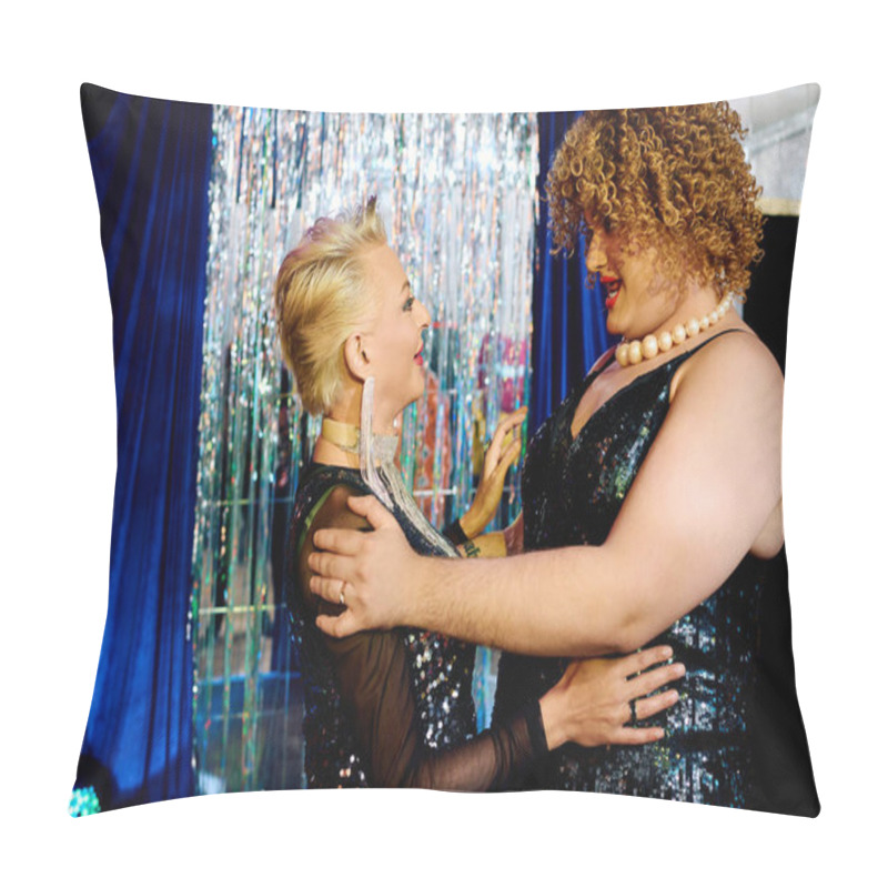 Personality  Two Drag Queens With Bold Makeup Delight The Audience With A Joyful Holiday Duet. Pillow Covers