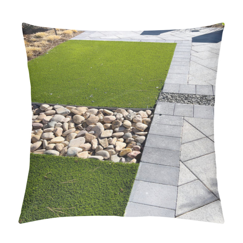 Personality  The Modern Landscaping Design Features Vibrant Artificial Turf Contrasting With Natural Pebbles And Structured Pavers, Offering A Low-maintenance Yet Aesthetically Pleasing Outdoor Space. Pillow Covers