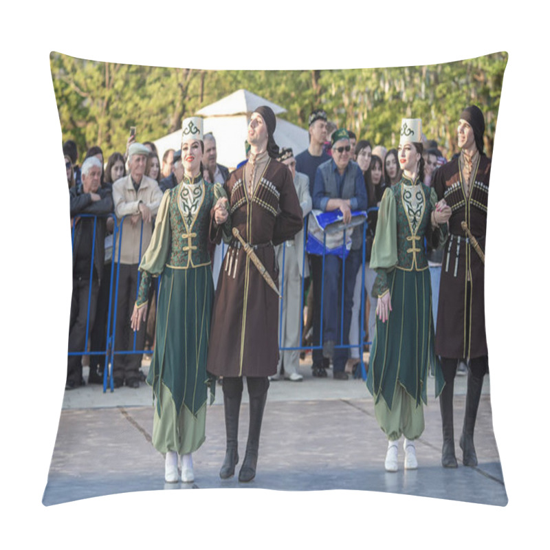 Personality  Maykop Republic Of Adygea, Russian Federation 04.25.2019; Celebration Of The National Flag With The Participation Of Equestrian Riders Artists Of Dance Groups In National Costumes. Pillow Covers