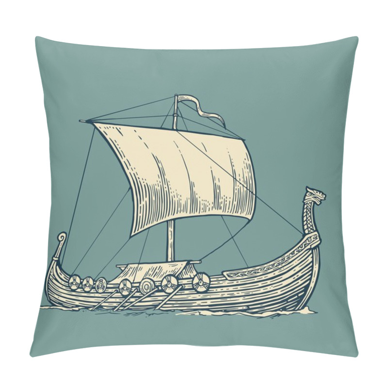 Personality  Drakkar Floating On The Sea Waves.  Hand Drawn Design Element Sailing Ship. Vintage Vector Engraving Illustration For Poster, Label, Postmark. Isolated On Blue Background. Pillow Covers