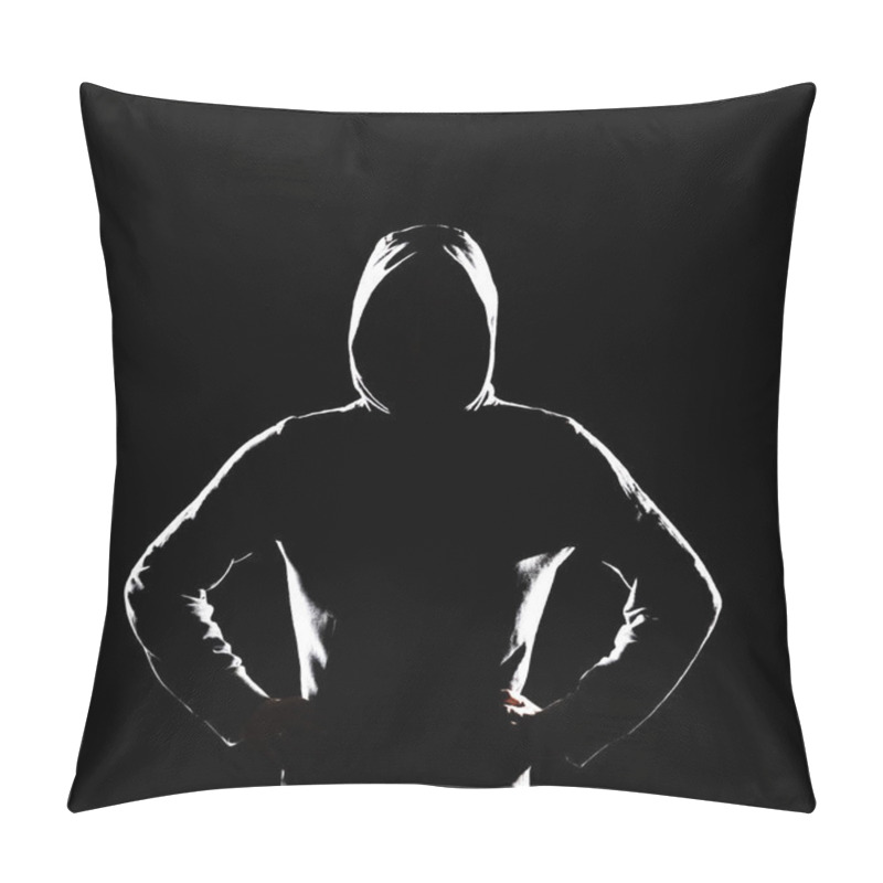 Personality  Portrait Of Computer Hacker In Hoodie. Obscured Dark Face. Data Thief, Internet Fraud, Darknet And Cyber Security Concept. Pillow Covers