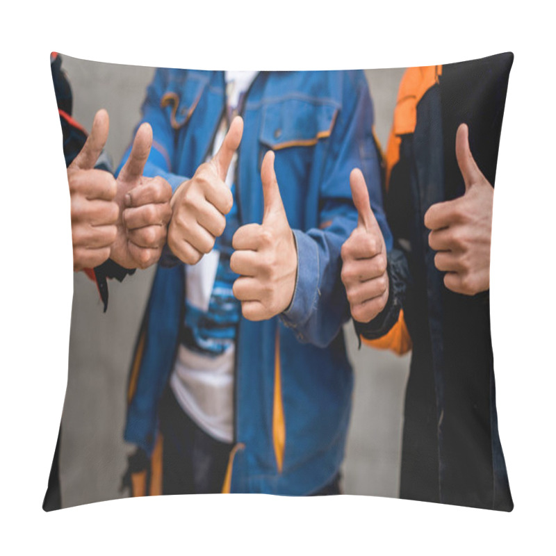 Personality  Business, Building, Teamwork And People Concept - Group Of Smiling Builders Outdoors Pillow Covers