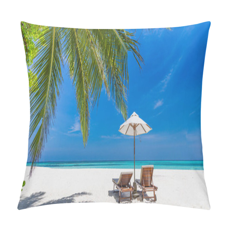 Personality  Tropical Relax Beach Sunny Summer Island Landscape. Love Couple Chairs Umbrella At Romantic Coast Pillow Covers