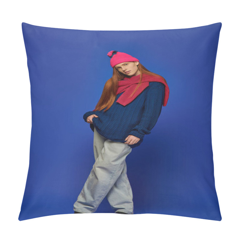 Personality  A Young Man With Long Red Hair Showcases Emotions While Dressed In Cozy Attire. Pillow Covers