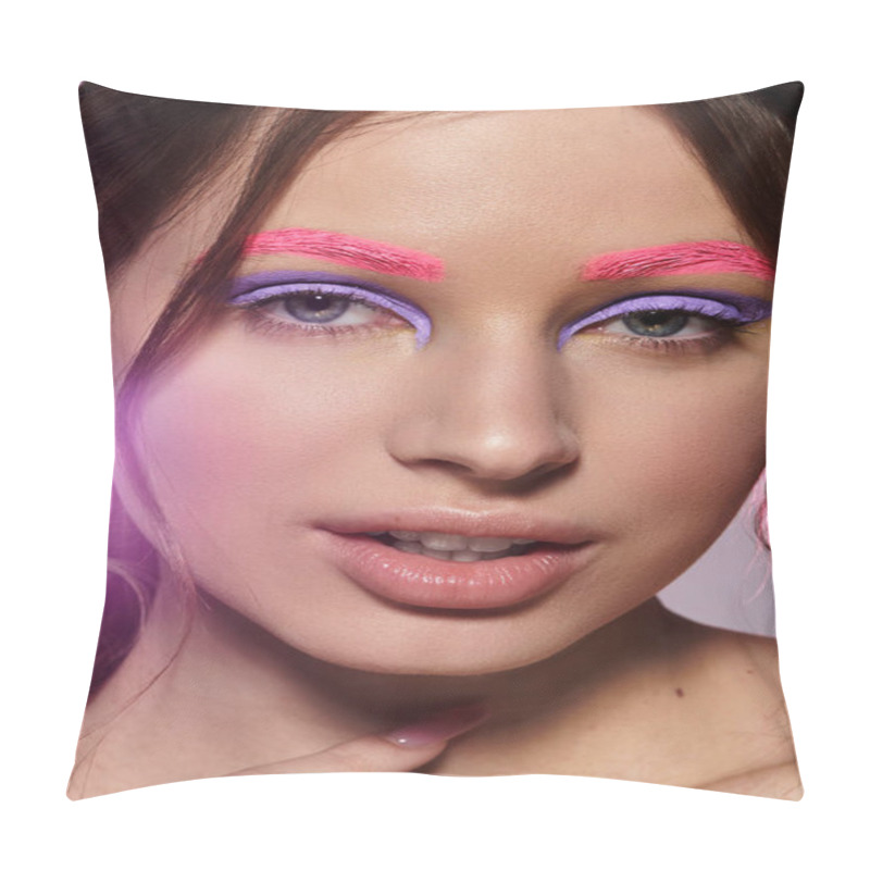 Personality  Young Woman Showcases Striking Purple Eyeshadow And Pink Eyebrows Against A Grey Backdrop. Pillow Covers