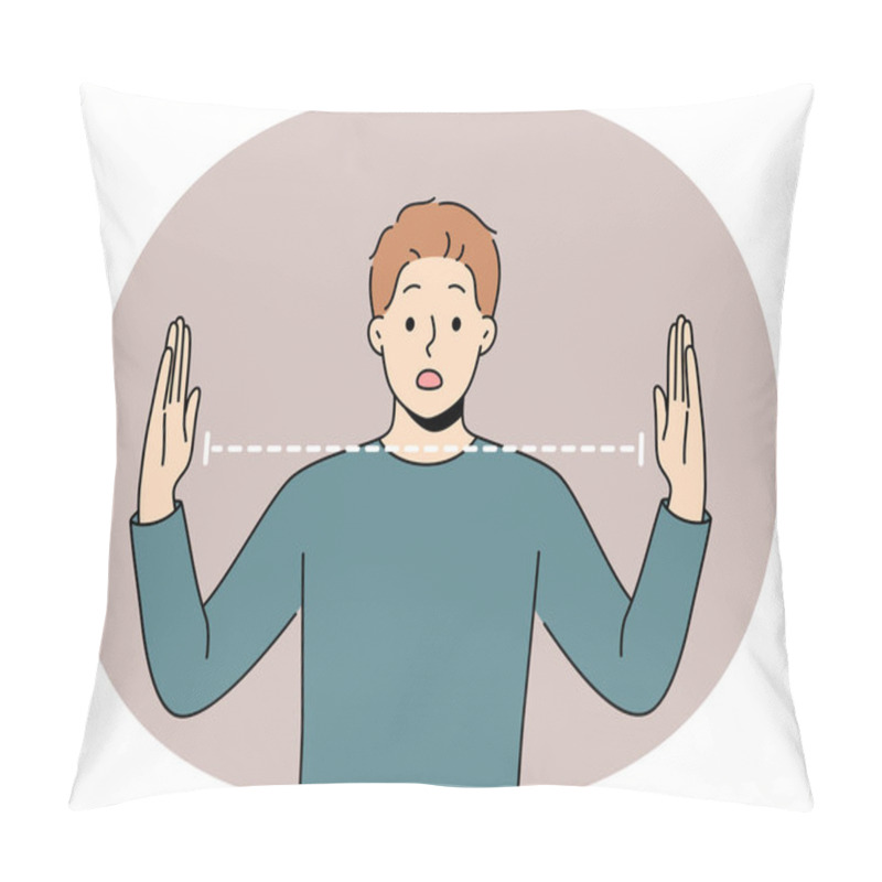 Personality  Surprised Man Spreads Arms Wide And Is Shocked By Size Of Object Or Problem That Has Arisen. Surprised Guy Opens Mouth And Looks At Screen, Embarrassedly Learning About Big Trouble. Pillow Covers