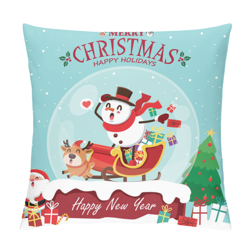 Personality  Vintage Christmas Poster Design With Vector Penguin, Snowman, Santa Claus, Elf, Reindeer Characters. Pillow Covers