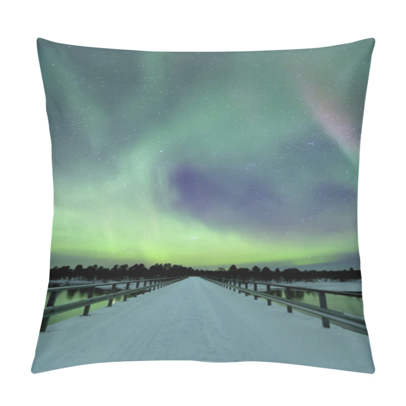 Personality  Aurora Borealis Over A Bridge In Winter, Finnish Lapland Pillow Covers