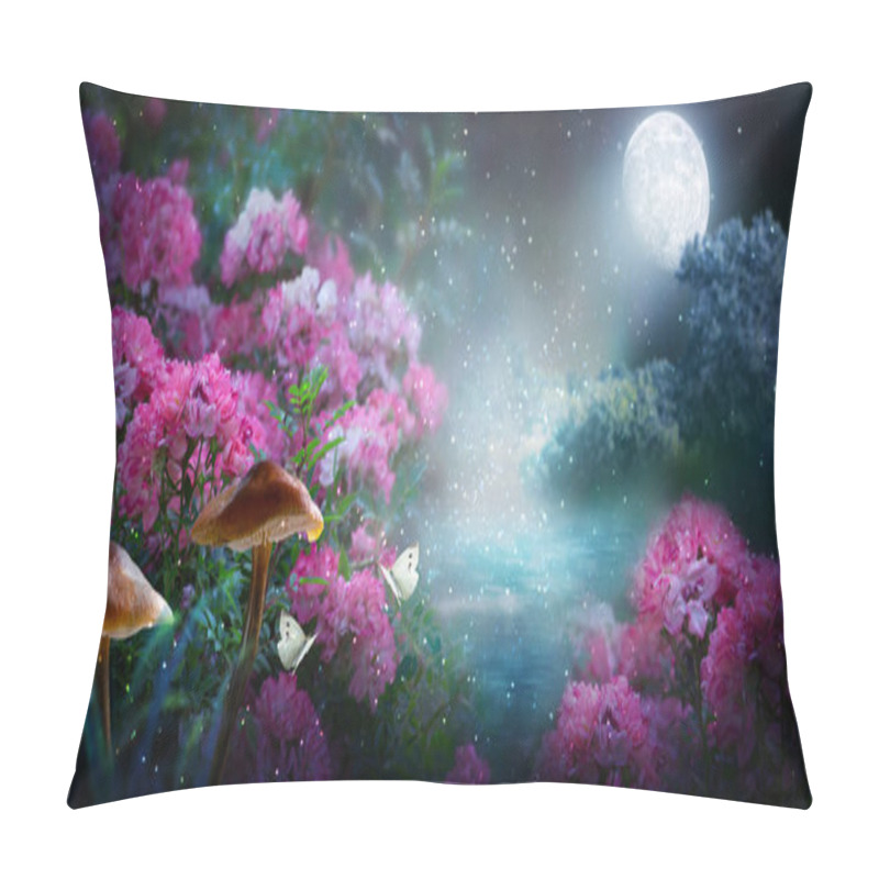 Personality  Fantasy Magical Fairy Tale Landscape With Enchanted Forest Lake, Fabulous Fairytale Blooming Pink Rose Flower Garden, Mushrooms And Two Butterflies On Mysterious Background And Glowing Moon In Night. Pillow Covers