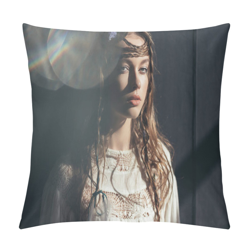 Personality  Attractive Girl With Braids In Hairstyle Posing In White Boho Dress On Grey With Lens Flares  Pillow Covers