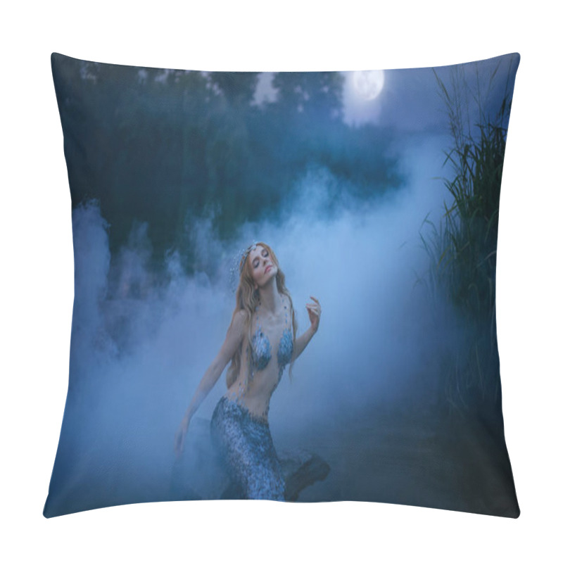 Personality  Neptunes Daughter Absorbs And Eats Moonlight, The Magnificent Sea Ruler Sits On A Stone In The Night River And Rests In A Thick Fog, A Fabulous Character With Art Processing Photos Pillow Covers