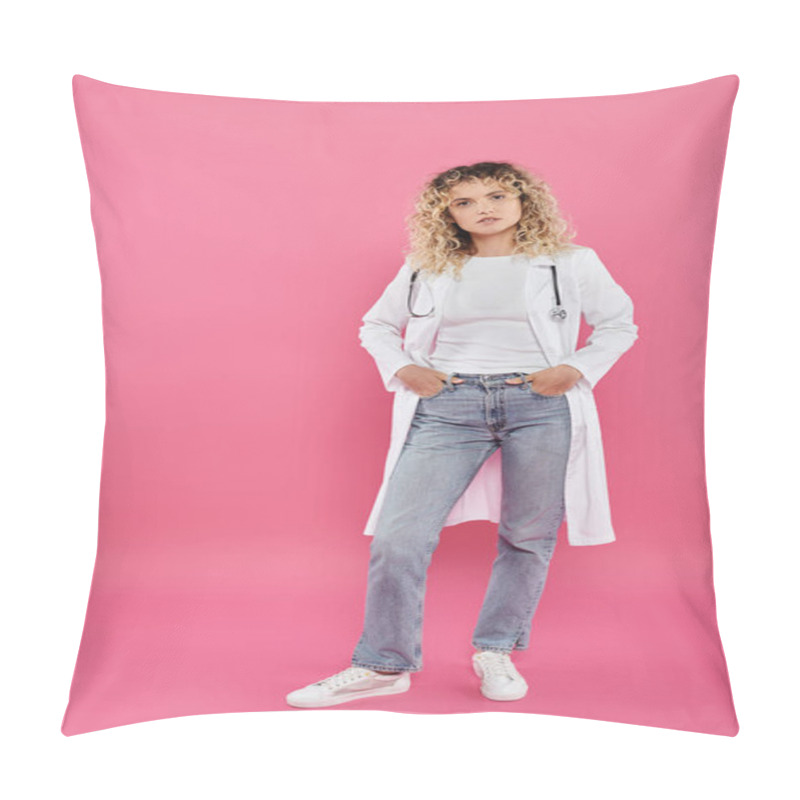 Personality  Breast Cancer Awareness Concept, Curly Female Doctor Looking At Camera, Pink Backdrop, Joy, Woman Pillow Covers