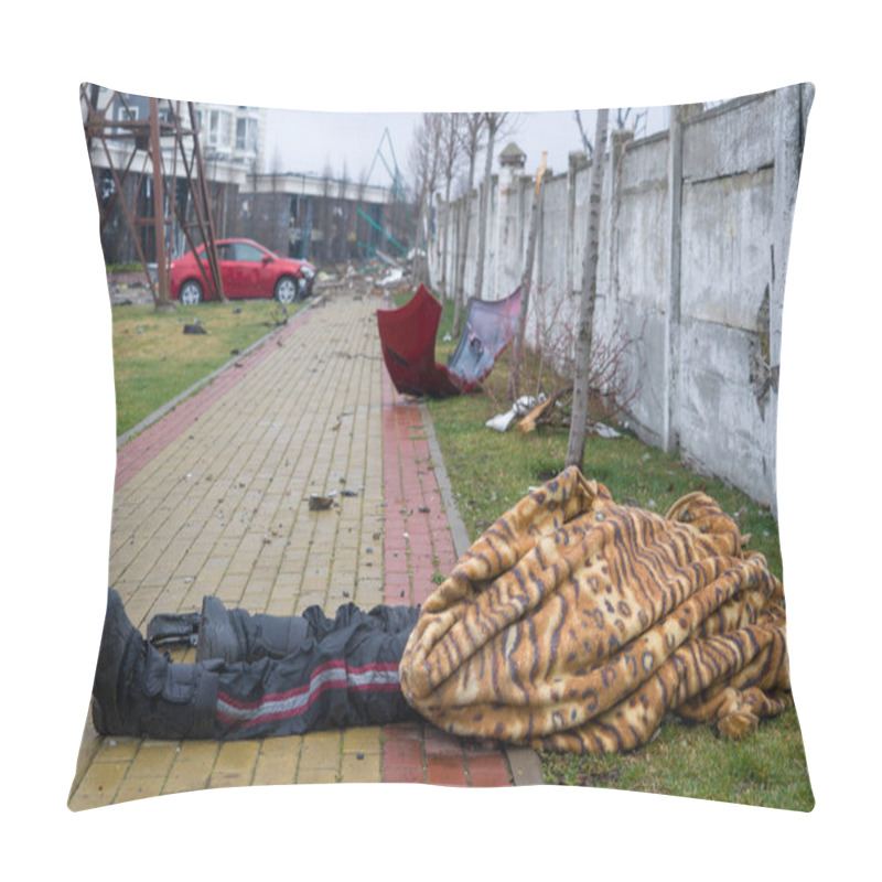 Personality  Killed Man During The War In Ukriane. Lies Covered With A Blanket Pillow Covers