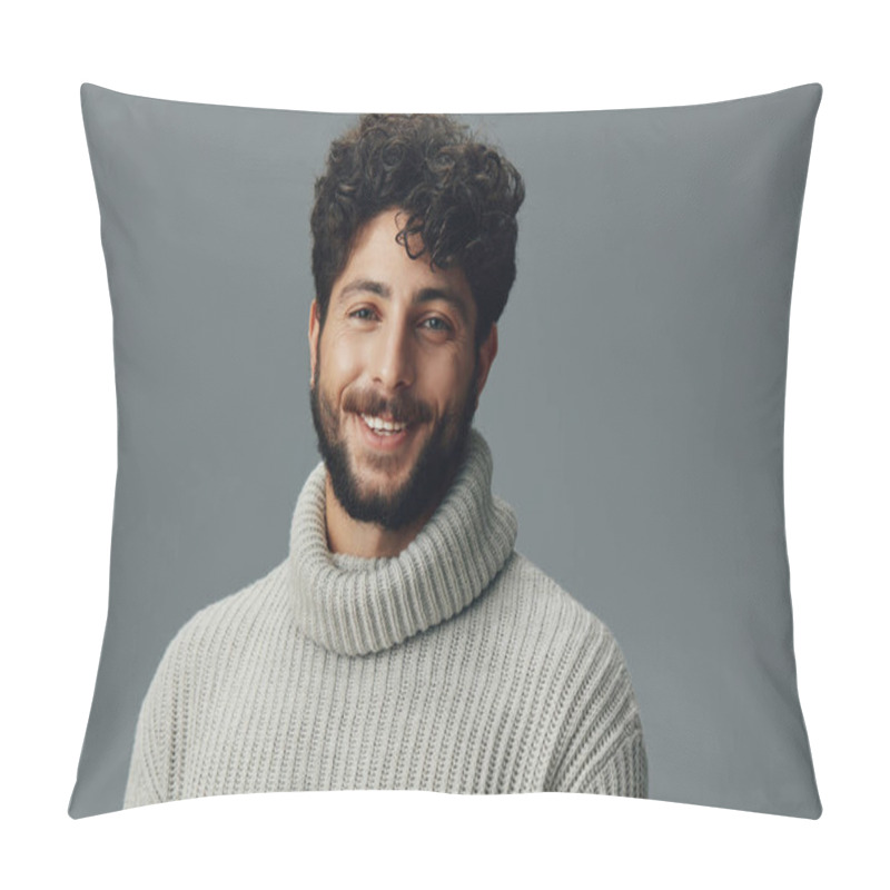 Personality  Face Man Studio Expression Grey Isolated Happy White Cheerful Adult Male Confident Handsome Guy Young Model Caucasian Beard Casual Person Attractive Portrait Background Pillow Covers