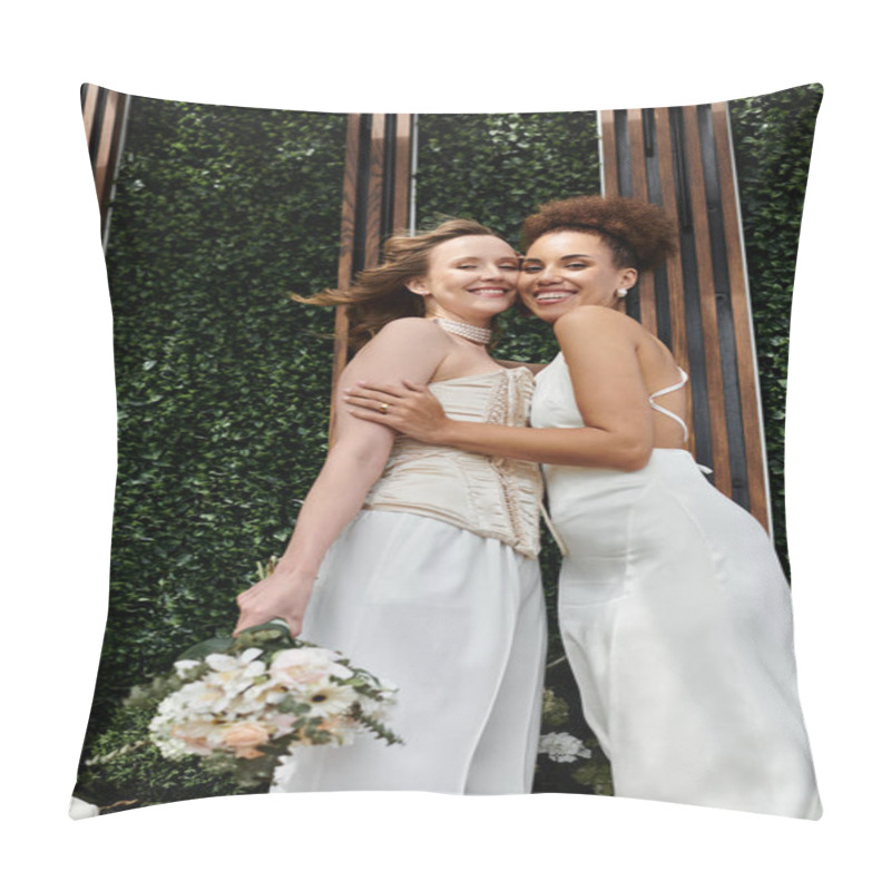 Personality  Two Brides Embrace On Their Wedding Day, A Joyful Moment Captured In Front Of A Lush Green Wall. Pillow Covers