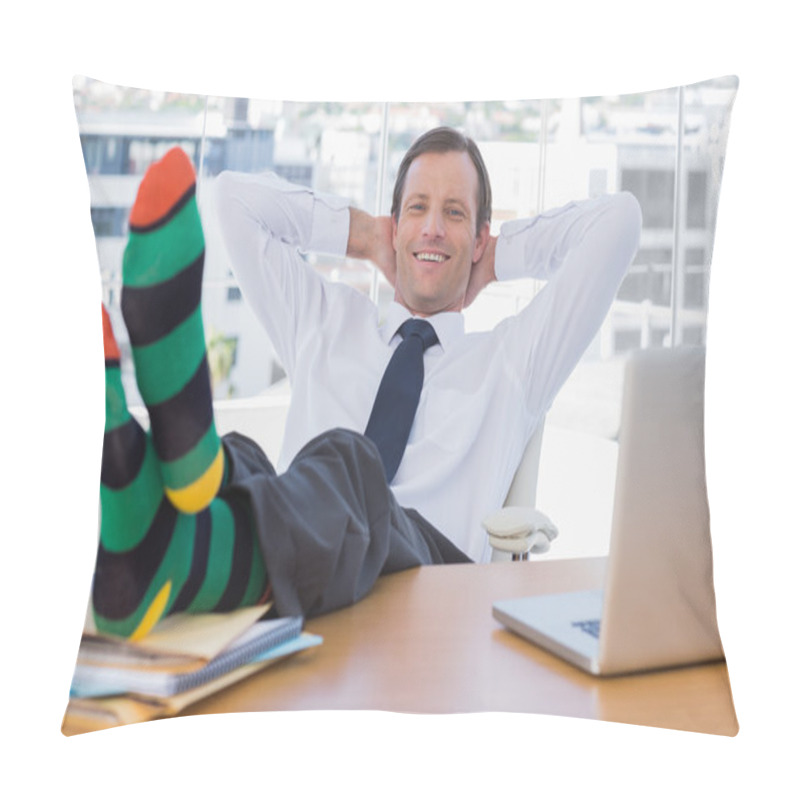 Personality  Smiling Businessman Relaxing With Feet On His Desk Pillow Covers