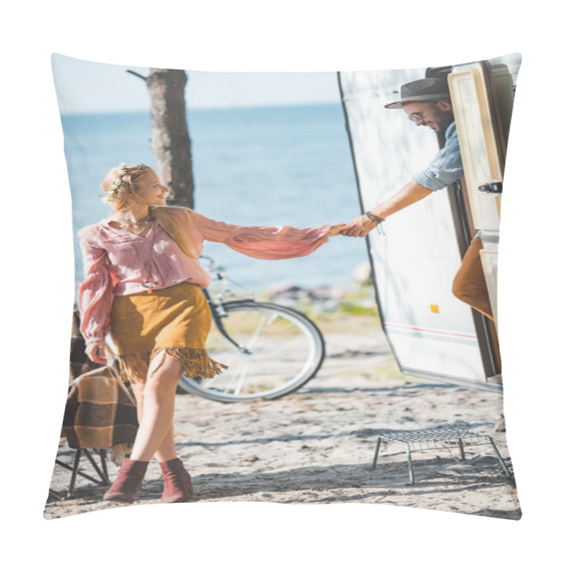 Personality  Hippie Couple Holding Hands Going For A Walk Near Trailer Pillow Covers