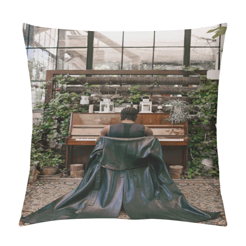 Personality  A Man Plays The Piano In A Verdant Greenhouse. Pillow Covers