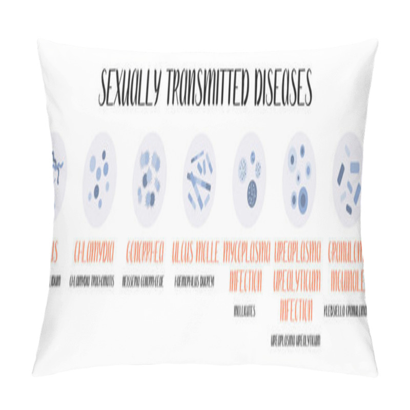 Personality  Sexually Transmitted Diseases. Bacterial Infection. Syphilis, Gonorrhea, Chancroid, Ulcus Molle, Granuloma Inguinale, Ureaplasma And Mycoplasma Infections. Gynecology, Urology. Vector Flat Cartoon Art Pillow Covers