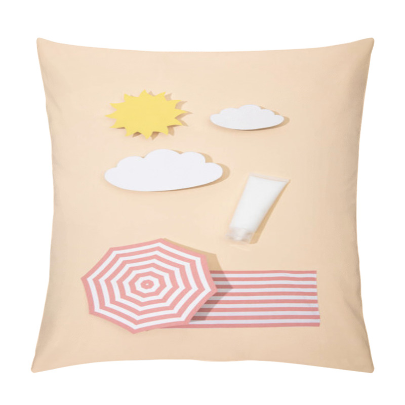 Personality  Top View Of Paper Cut Sun, Clouds, Beach Umbrella And Blanket With Tube Of Sunscreen On Beige Pillow Covers