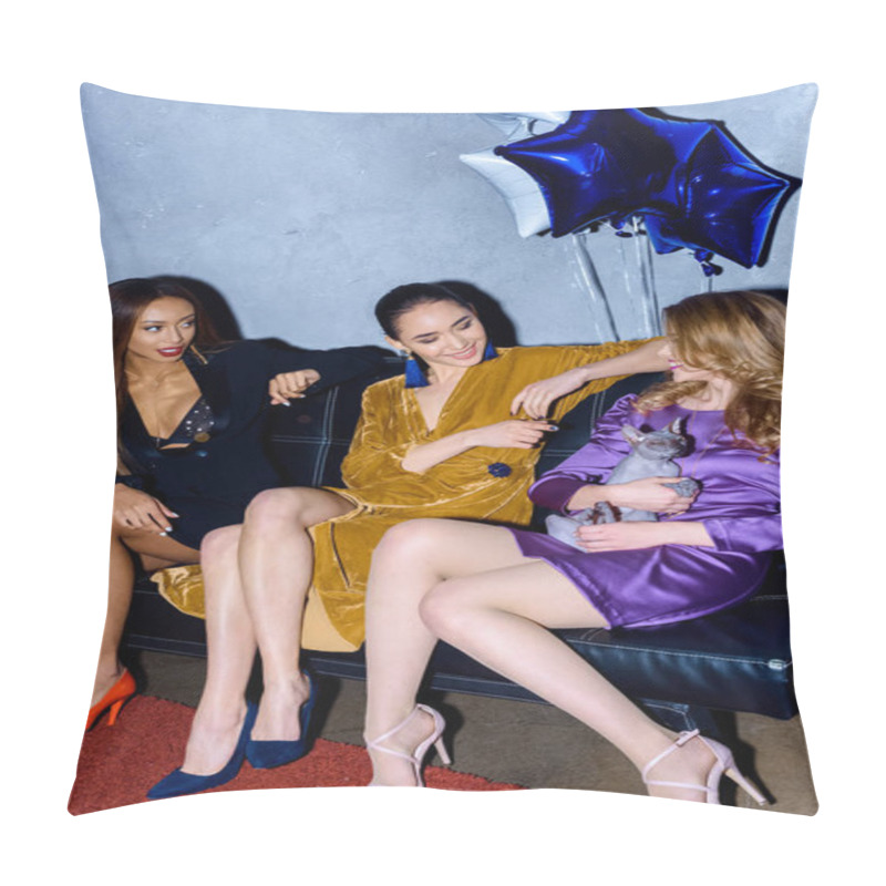 Personality  Attractive Multicultural Women With Cat Resting On Sofa During Party Pillow Covers