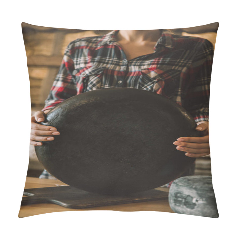 Personality  Cropped Shot Of Woman Holding Big Cheese Head Pillow Covers